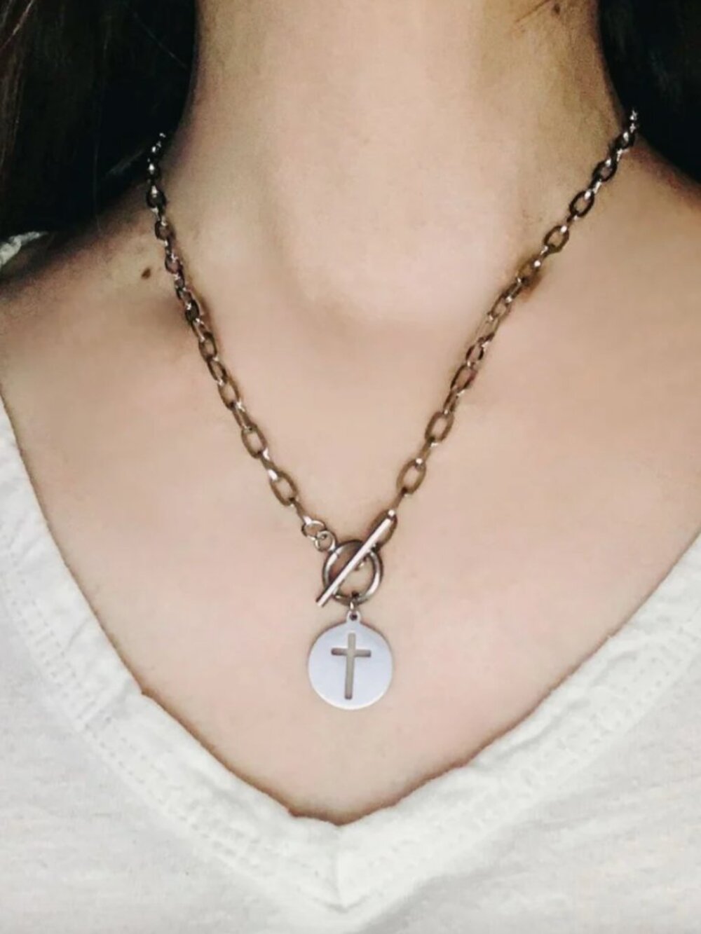 Oh How I Love Him - Stainless Steel Toggle Cross Necklace Silver Color
